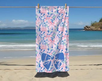 Toalha de praia personalizável com laços rosa e roxo, para meninas elegantes, presente de noiva, toalha de piscina personalizada, toalha de verão, toalha de piscina personalizada