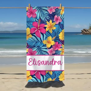 Customizable Pink Hibiscus Beach Towel, Personalized Beach Towel, Pool Towel, Birthday Gift, Vacation Gift, Bridesmaid, Bachelorette, Bride