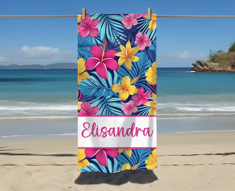 Customizable Pink Hibiscus Beach Towel, Personalized Beach Towel, Pool Towel, Birthday Gift, Vacation Gift, Bridesmaid, Bachelorette, Bride