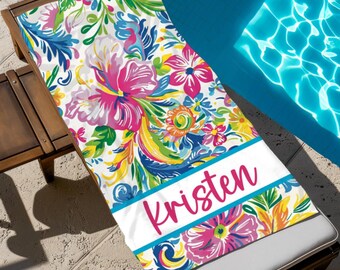 Toalha de praia boho hibisco personalizável, toalha de praia personalizada, toalha de piscina, presente de aniversário, presente de férias, madrinha de casamento, despedida de solteira, noiva
