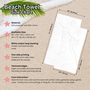 Pode incluir: Tabela de tamanhos de toalhas de praia brancas. A tabela mostra duas toalhas de praia brancas, com dimens&otilde;es de 76,2 x 152,4 cm e 91,44 x 182,88 cm. A toalha &eacute; feita de 52% poli&eacute;ster e 48% algod&atilde;o com verso de la&ccedil;o de algod&atilde;o branco.
