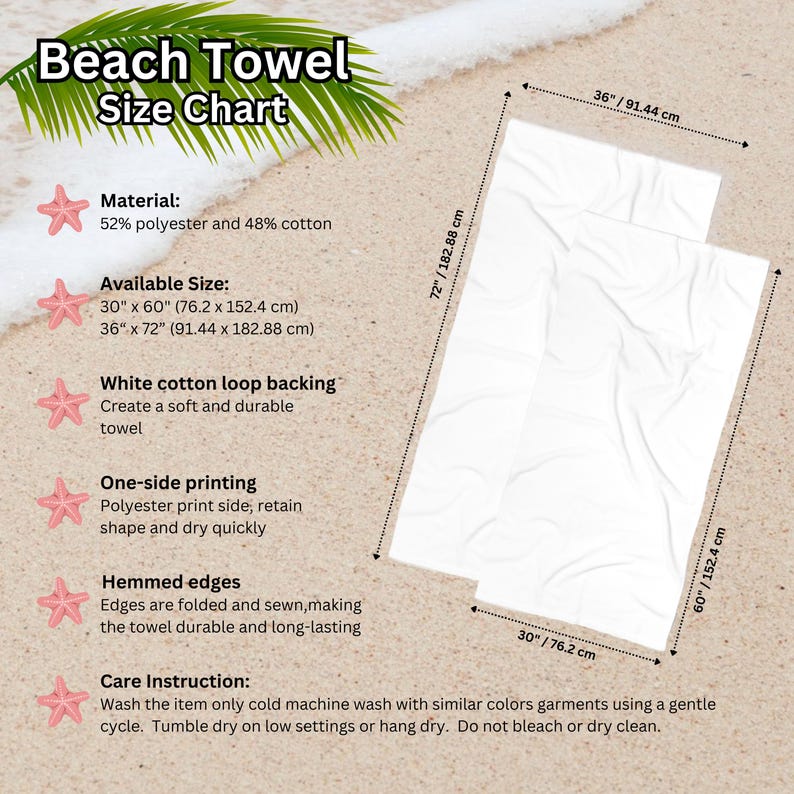 Pode incluir: Tabela de tamanhos de toalhas de praia brancas. A tabela mostra duas toalhas de praia brancas, com dimens&otilde;es de 76,2 x 152,4 cm e 91,44 x 182,88 cm. A toalha &eacute; feita de 52% poli&eacute;ster e 48% algod&atilde;o com verso de la&ccedil;o de algod&atilde;o branco.