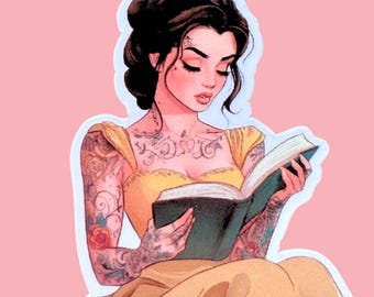 Pegatina de princesa tatuada leyendo / Vinilo decorativo para amantes de los libros / Pegatina romántica para Kindle / Regalo para lectores de Booktok