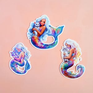 Pack d'autocollants chat et sirène–autocollants en vinyle fantaisie arc-en-ciel pour bouteilles d'eau, carnets et mamans chats épris de mer|autocollant fantastique| merchandising