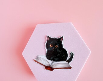 Black Cat on Book Sticker – Waterproof Vinyl Decal for Kindle, Journal