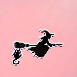 Witch on Broomstick Sticker | Halloween Silhouette Vinyl Decal | Flying Witch with Cat (Creature) Spooky Decor Laptop Water Bottle Sticker.