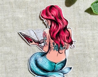 Tattooed Mermaid Reading Sticker: Bookish Vinyl Decal