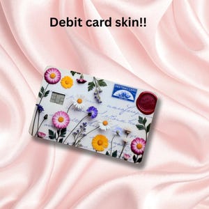 Skin vintage debetkaart met botanische bloem: esthetische vinylomslag met opschrift voor natuurliefhebbers