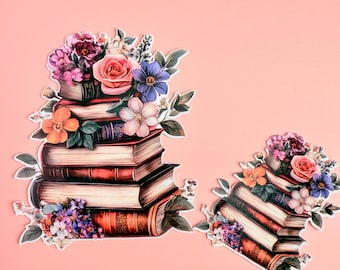 Floral Book Stack Sticker: Waterproof Vinyl Decal for Book Lovers