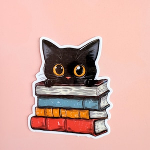Black Cat Book Sticker – Cute Vinyl Reading Sticker for Book Lovers, Cat Moms, and Readers| book club gifts| cute animal sticker| book decal