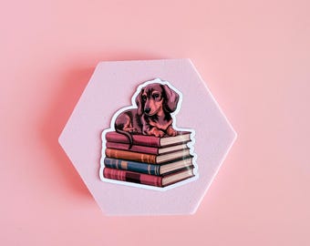 Dachshund on Books Sticker – Cute Dog & Bookish Vinyl for Planners, Dog Lover Gifts| kindle-Bookish Stickers-Reading Sticker-ereader