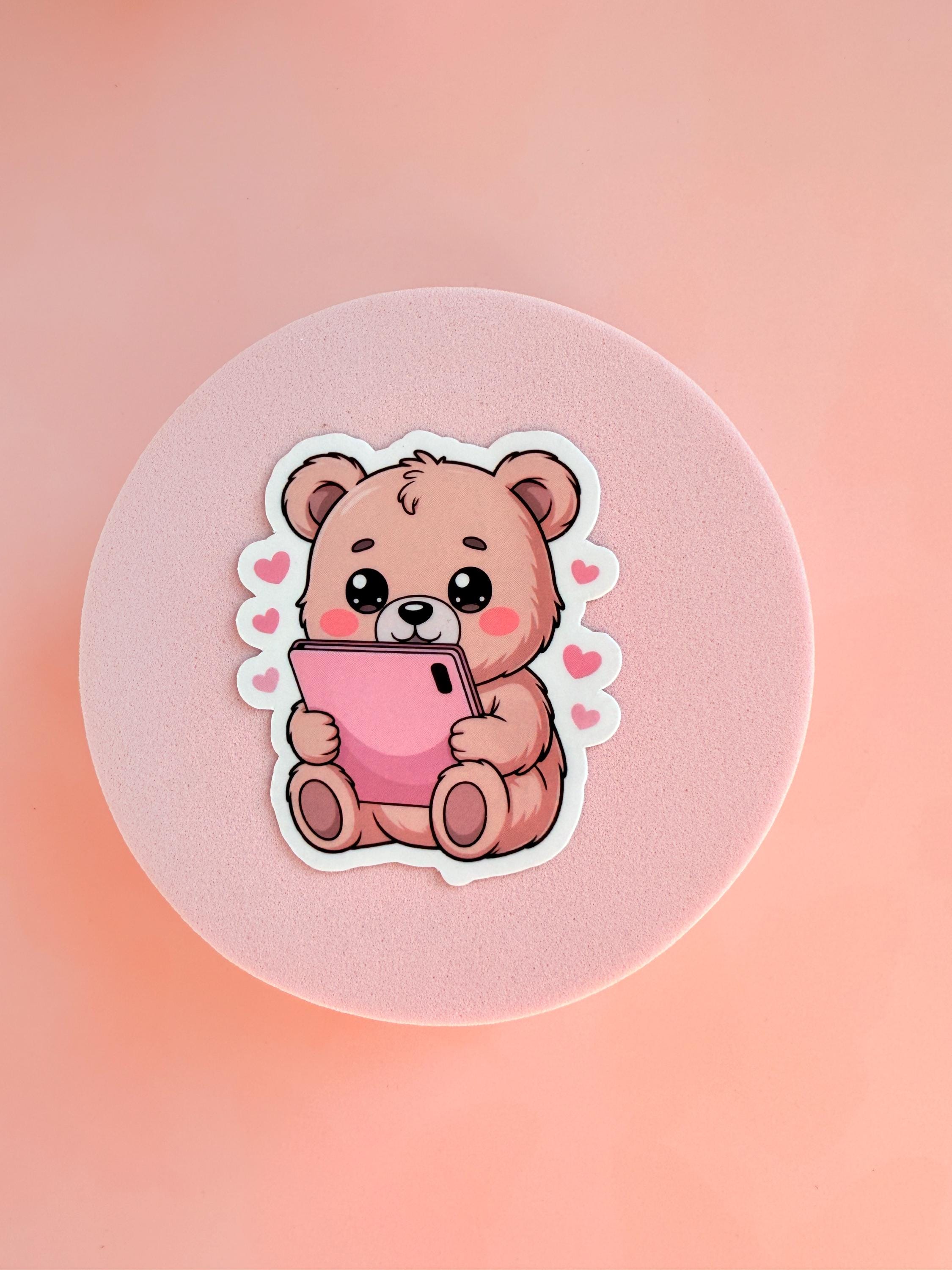 Kawaii Teddy Bear Sticker | Pink Phone, Hearts, Matte Vinyl - Etsy