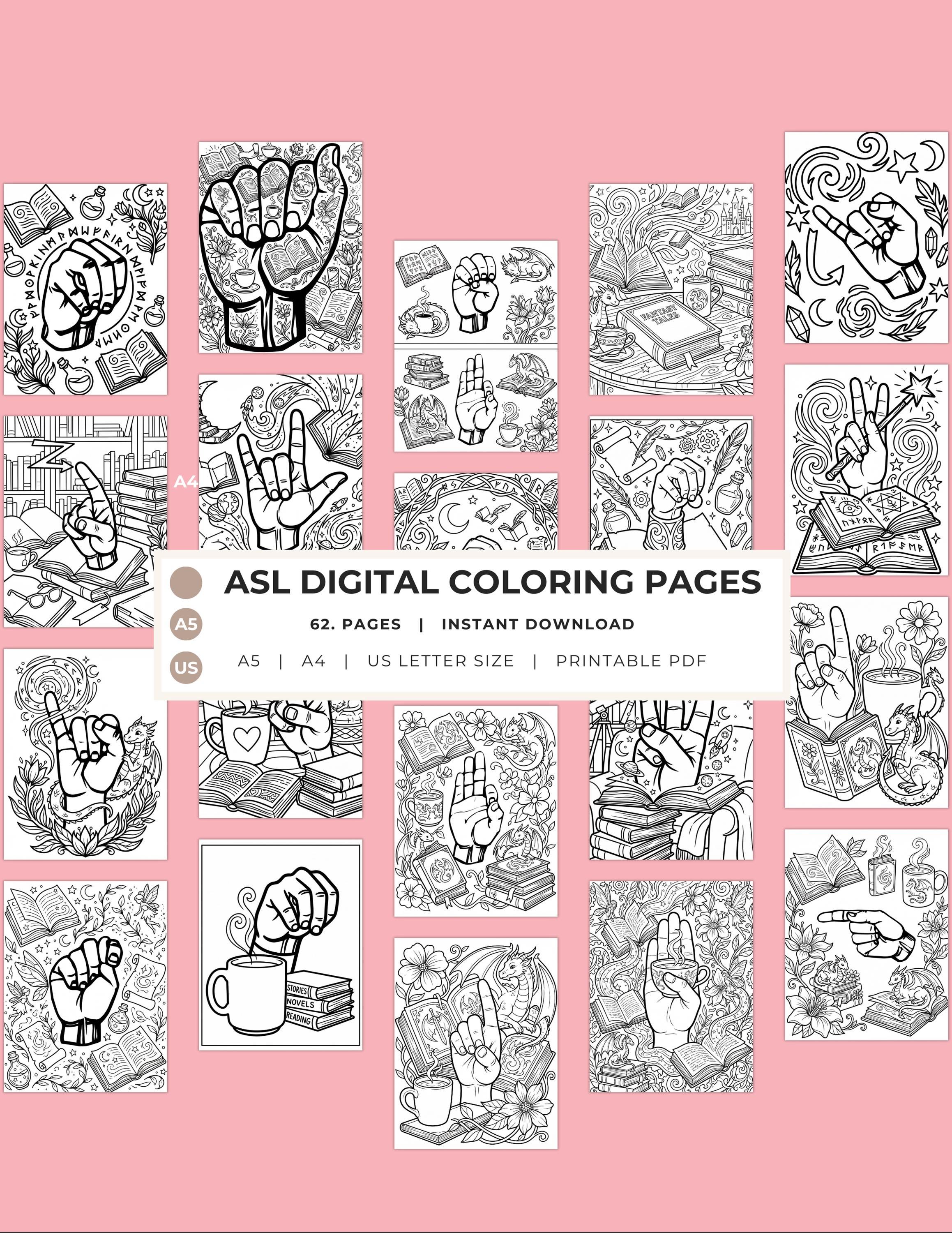 Adult Coloring Book Printable, ASL Sign Language Art, 62 Pages PDF ...