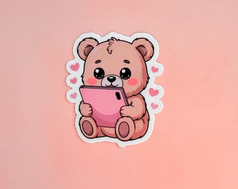 Kawaii Teddy Bear Sticker | Pink Phone, Hearts, Matte Vinyl - Etsy