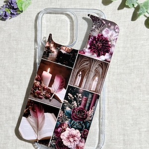 May include: A clear phone case featuring a collage of dark academia imagery, including a lit candle, a quill pen on an open book, gothic stone arches, stacked vintage books, and deep burgundy and pink floral arrangements with dark green leaves.