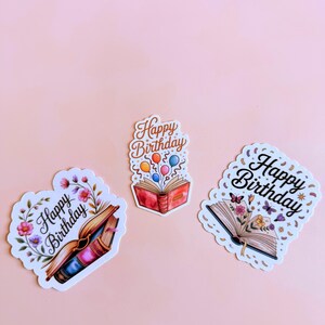 Bookish verjaardagsstickerpakket – 3 vinylstickers voor lezers, planners, cadeauverpakking en kaarten | Open boek Happy Birthday-stickers| Gits voor haar