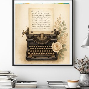 May include: A vintage typewriter with a white rose and green leaves on a beige background. The typewriter has a black body and gold keys. The text on the page reads "for with you Engage quemplom forse pret nel bagpur parder licom plane. foutte mountil pere allyent bolen omlet leiguo pagiline can bant"