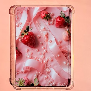 Strawberry Kindle Insert – Shipped Coquette Pearl Kindle Decor, Pink Aesthetic Bookish Gift, Soft Girl Case Art