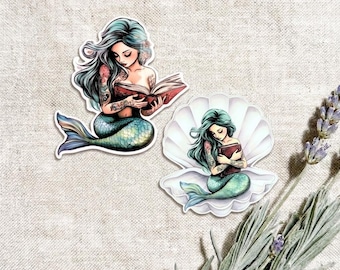 Teal Mermaid Book Sticker Set – 2 Bookish Fantasy Vinyl Decals for Kindle & Water Bottle