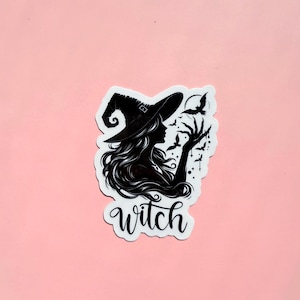 Witch Silhouette Sticker | Mystical Witch Hat Halloween Vinyl Decal | Elegant Spooky Witchy Aesthetic Flying Bats Laptop Water Bottle Decal
