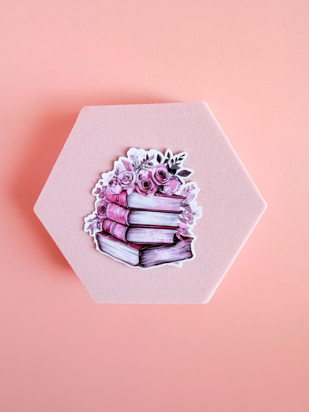Pink Book Stack Sticker | Floral Bouquet Waterproof Vinyl for Book ...