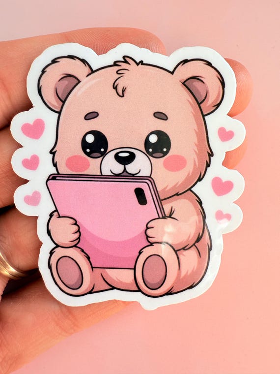 Kawaii Teddy Bear Sticker | Pink Phone, Hearts, Matte Vinyl - Etsy