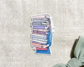 Book Hoarder Sticker: Bookish Girl with Stack of Books - For Readers