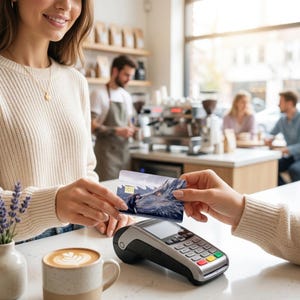 a woman at a coffee shop handing over her debit card skin if a black dragon laying it's head down so a human can rest her head on the dragon made by thestickerera