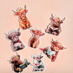 Cute Highland Cow Sticker Pack | Funny Cow Reading Decals | Animal Lover Vinyl Sticker Bundle | Bookworm Farm Animal Laptop Decor| gift