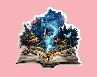 Fantasy Castle Book Sticker: Magical Forest & Stars Vinyl Decal