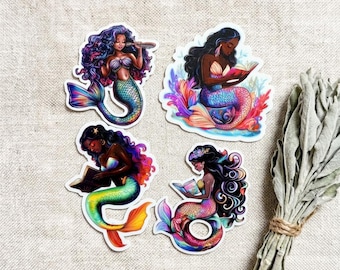 Black Mermaid Sticker Set of 4, Waterproof Bookish Vinyl Decals