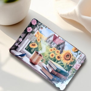 Diseño de tarjeta de débito Sunflower Cottage: cubierta de vinilo con ventana de café literario para lectores y soñadores