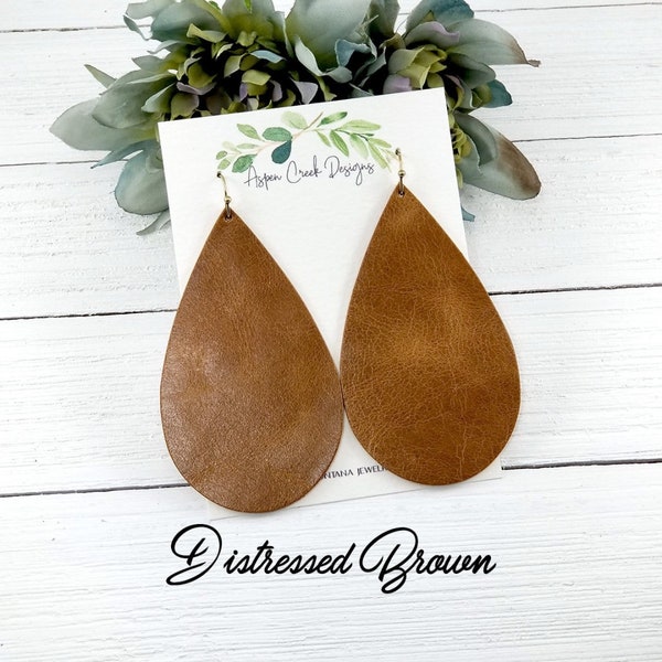 Large Bulb Teardrop Leather Earrings-Distressed Brown- Trendy Earrings-Designer Inspired Leather Earrings