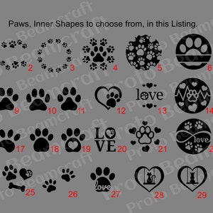 May include: A sheet of 30 black and white paw print designs. The designs include paw prints, hearts, infinity symbols, and text such as "Dog Mom", "Cat Mom", "Dog Dad", "Cat Dad", and "Love".