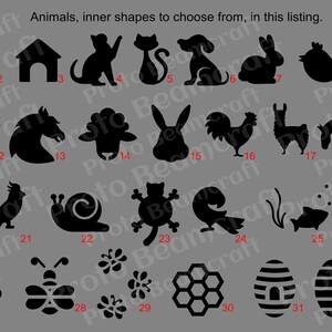 May include: A black and white image showing 32 different animal and object silhouettes. The silhouettes are numbered 1 through 32. The image is on a grey background.