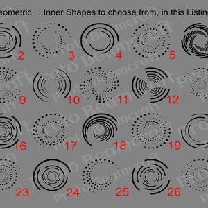 May include: A chart displaying 28 different geometric shapes, each with a unique design. The shapes are all black and white and are arranged in a grid pattern. The chart is labelled "Geometric, Inner Shapes to choose from, in this Listing."