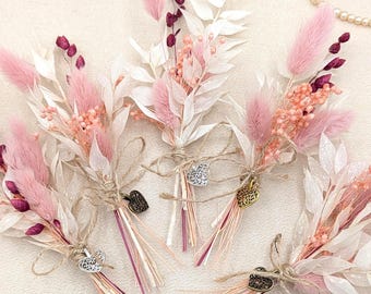 Recuerdo de boda: flores secas – mini ramo con colgante de corazón – decoración de mesa de boda boho – mini ramo de flores secas – decoración de boda