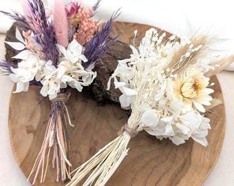 Kleiner Trockenblumenstrauß für Flaschen oder Vasen als Tischdekoration für Hochzeiten - Boho Hochzeitstisch - in creme weiß und Rosa lila