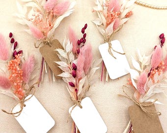 Recuerdo de boda: flores secas – mini ramo con tarjeta de nombre – decoración de mesa de boda boho – mini ramo de flores secas