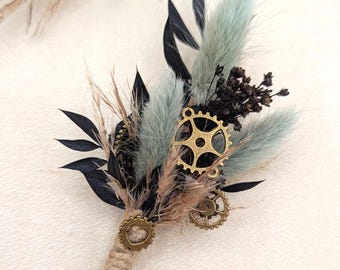 Boutonnière steampunk con flores secas y engranajes – Boutonnière vintage – Broche para el novio – Accesorio gótico – Hecho a mano