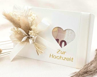 Tarjeta de boda - Regalo de dinero con flores secas en blanco crema - Tarjeta de felicitación con bolsillo para dinero - Hecha a mano