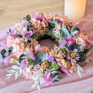 Trockenblumen Tischkranz Rosa – Dried Flower Candle Wreath Pink Berry – Hydrangea Eucalyptus Table Wreath – Romantic Spring Decor