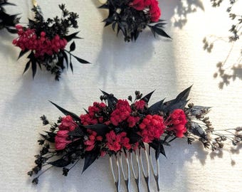 Haarkamm Trockenblumen Gothic Hochzeit schwarz rot – Haarschmuck Braut, viktorianisch, Alternative Hochzeit- Dark Romance Braut Haarschmuck