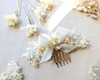 Peineta para el cabello con flores secas para bodas, con cinta blanca y crema - hecha a mano - accesorio para el cabello de novia - decoración con flores secas