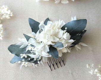 Haarkamm Eukalyptus für Hochzeit mit Trockenblumen in weiß/Creme - handgefertigt - Haarschmuck für die Braut - Blumenschmuck getrocknet