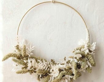 Anillo de flores secas estilo boho, verde crema natural - corona de pared de flores secas - corona moderna para puerta - 25 cm de diámetro