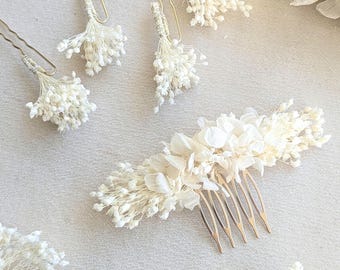 Brautschmuck Set aus Trockenblumen – Haarkamm, Haarnadeln & Boutonnière für die Boho Hochzeit in Creme und Weiß