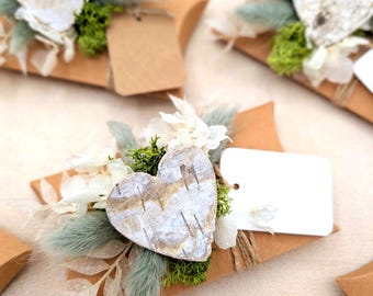 Recuerdos de boda con flores secas | Decoración de boda bohemia | Caja con forma de almohada y corazón | Tarjeta para personalizar