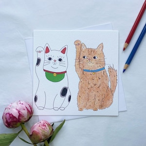 Carte porte-bonheur chat porte-bonheur - carte d'anniversaire chat porte-bonheur - carte de voeux - Maneki Neko - carte faite main - carte d'art amusant - carte vierge - animal mignon
