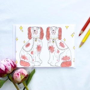 Carte de chiens du Staffordshire - carte d'anniversaire - jolie carte de voeux - carte de paire de chiens - Art de chien lunatique - Illustration de poterie du Staffordshire